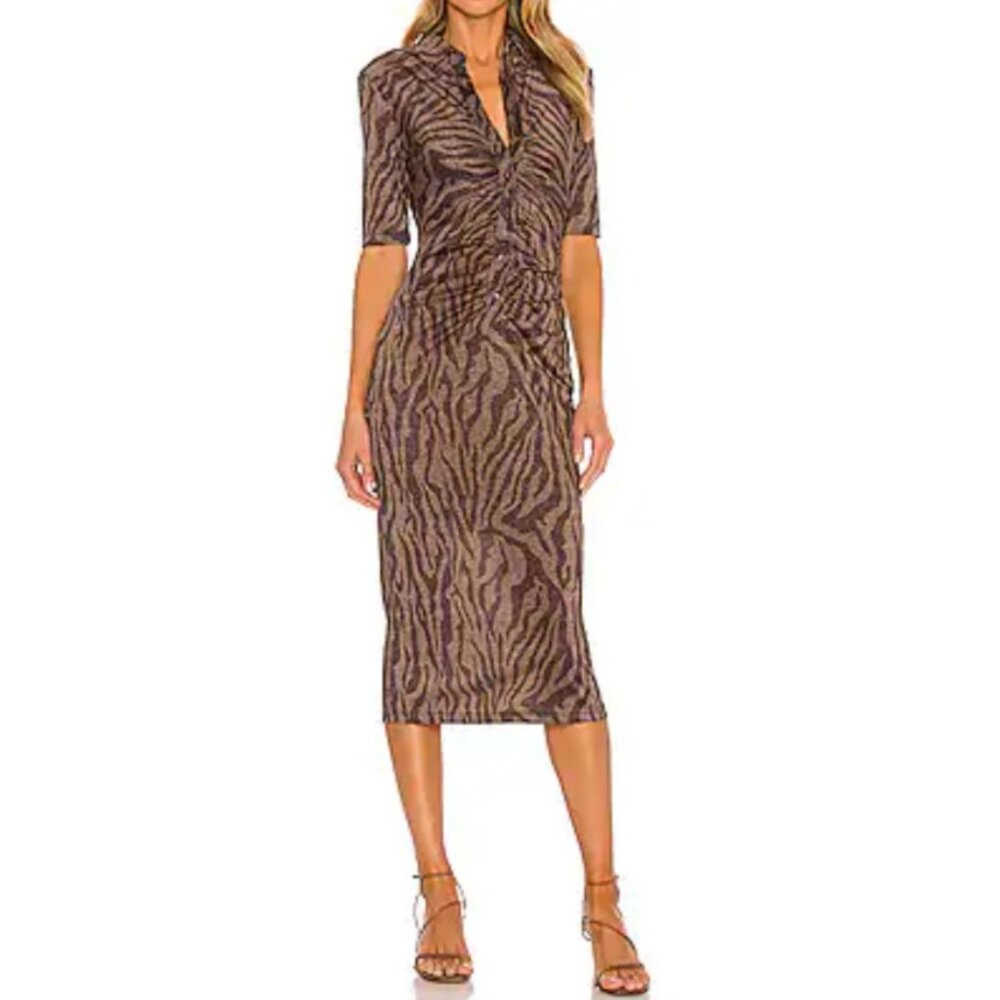 Hansen Gretel Valencia Midi Dress Size M Brown Metallic Animal Print Ruched S/S